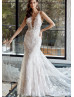 Beaded Ivory Lace Tulle Buttons Back Modern Wedding Dress